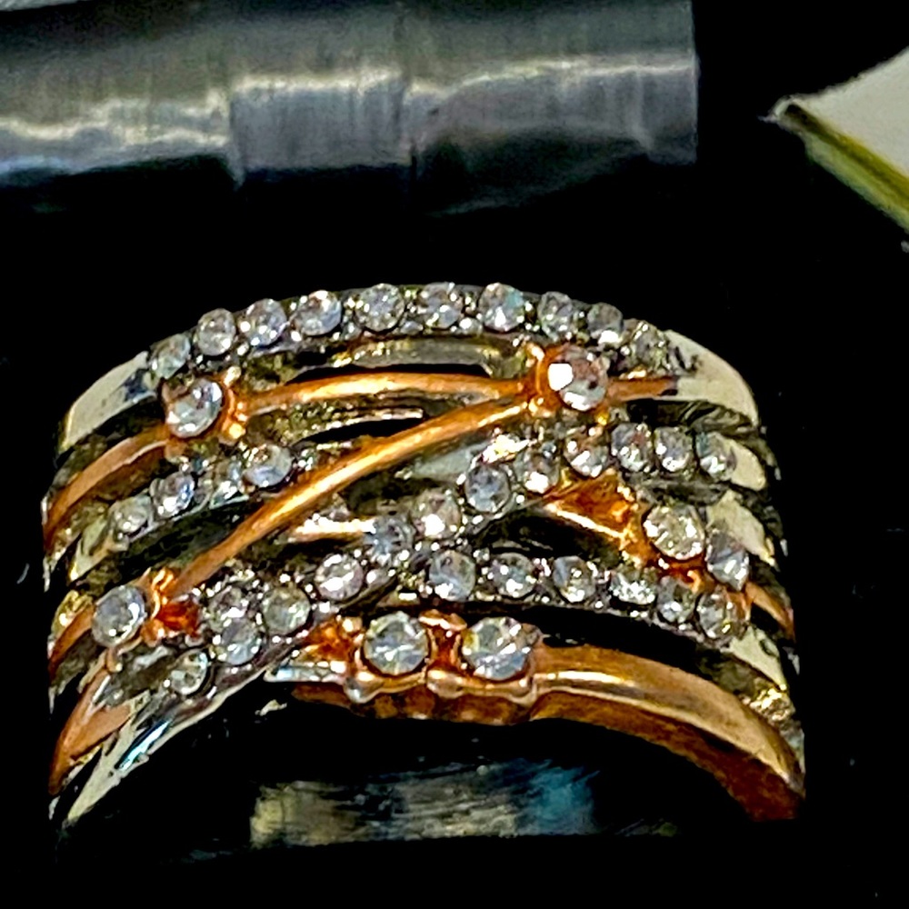 Silver and rose gold stacked cocktail ring with crystals. Size 7